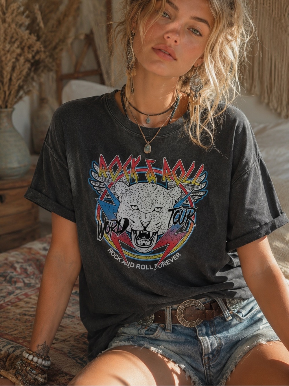 BlueVelvet M Rock & Roll Graphic Tee with Leopard Crest - Black